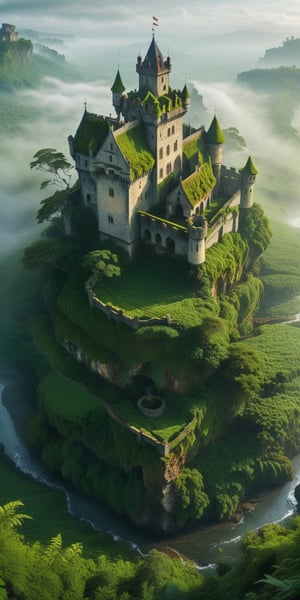 (Masterpiece), highest quality, 8k, HD, fantasy, green jungle, thick fog, mystery, lush green, gloomy, old castle architecture,