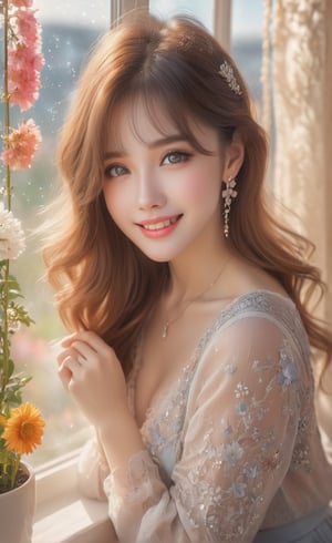 Beautiful soft light, (beautiful and delicate eyes), very detailed, pale skin, big smile, (long hair), dreamy, medium chest, female 1, ((front shot)), bangs, soft expression, height 170, elegance, bright Smile, 8k art photo, photorealistic concept art, realistic, person, small necklace, small earrings, fantasy, jewelry, shyness, dreamy soft image, masterpiece, ultra-high resolution, skirt, shirt, jacket, color, (the wind blows softly) ), (looking slightly raised and immersed in happy thoughts), girl sitting on the window sill with her chin supported by both hands, looking at the flower field outside the window, colorful, glitter, color art,BugCraft