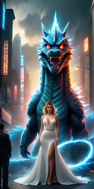 Create a portrait of a European woman with a beautiful face and a supermodel figure, showing her grace and temperament on the sidewalk, forming a strong contrast with the huge poster of King Ghidorah behind her.

The huge poster of Godzilla.

((Masterpiece, Best Quality)) ultra high definition pictures, crystal translucency, vibrant artwork
Super real, photo style, realistic style, cinematic moviemaker style,Godzilla,horror (theme),stworki