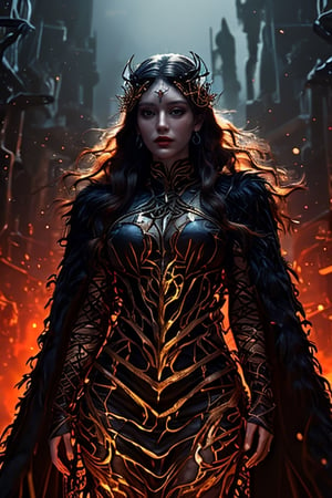 (above:1.3),(Bottom view),The god who rules the underworld in Greek mythology, also known as Hades, she personally guards the underworld. 1girl, 25yo, intellectual, serious, big breasts, thin waist, hourglass figure, dark black fur coat, beautiful face and eyes, super Model, masterpiece, myth, fantasy, Styx, dark atmosphere, ultra-high image quality, ultra-high details, ambient light, particle effects, multiple perspectives, hourglass figure,DonMD3m0nV31ns,demonic