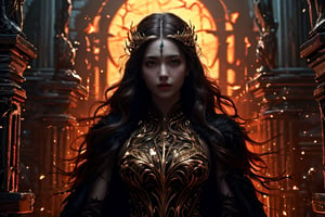 (above:1.3),The god who rules the underworld in Greek mythology, also known as Hades, she personally guards the underworld. 1girl, 25yo, intellectual, serious, big breasts, thin waist, hourglass figure, dark black fur coat, beautiful face and eyes, super Model, masterpiece, myth, fantasy, Styx, dark atmosphere, ultra-high image quality, ultra-high details, ambient light, particle effects, multiple perspectives, hourglass figure,DonMD3m0nV31ns,demonic
