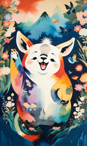Charming whimsical art painting of many different colored animals standing and singing loudly. Children's painting style, fun and childlike with rich colors and flowers as the background.,Ukiyo-e