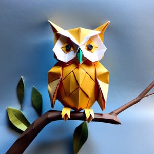 Origami art, an owl standing on a branch
