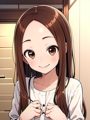 Takagi-san, 1girl, smile, blushing, brown hair