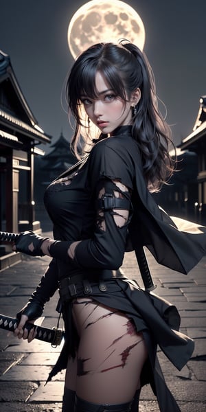 A real photo of a female ninja wearing a mask with only her eyes showing, ((her clothes torn from an attack, her body covered with wounds)), holding a weapon in her hand and making an attacking gesture, 4k, best quality,masterpiece, (1girl), (Japanese castle in the background on a moonlit night)

(Beautiful and detailed eyes), 
Detailed face, detailed eyes, double eyelids ,thin face, real hands, muscular fit body, semi visible abs, 


real person, color splash style photo
,ninja girl,holding sword