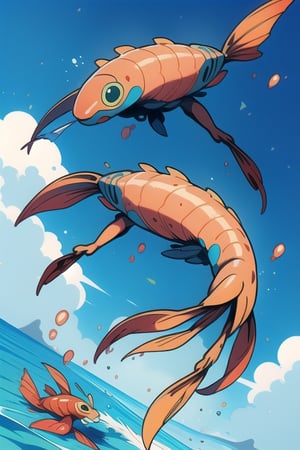 An anomalocaris and shrimp guns of the same size but they are fighting in an anime style battle