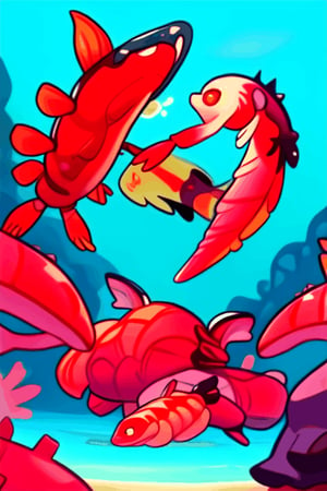 An anomalocaris and shrimp guns of the same size but they are fighting a very epic battle