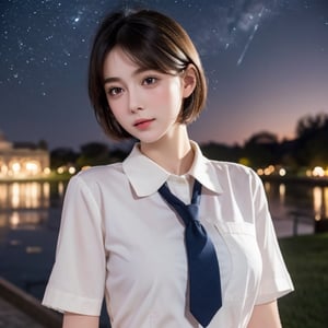 masterpiece, best quality, 1 girl, solo, ((an extremely delicate and beautiful)),school uniform, italian girl ,age 18, milky white skin,beautiful detailed eyes, short  hair,at night , beautiful starry sky, 