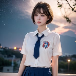 masterpiece, best quality, 1 girl, solo, ((an extremely delicate and beautiful)),school uniform, italian girl ,age 18, milky white skin,beautiful detailed eyes, short  hair,at night , beautiful starry sky, 