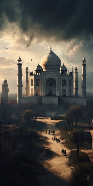 Taj Mahal A shot from a window of a large trojan style city landscape, The Witcher 3 Concept Art, watchtowers, low visibility, golden hour sunlight, moody clouds on horizon, mysterious scene, dark, fantasy art, horror, sleepy hollow style, grimdark style, Movie Still, moody colours, Landskaper, newhorrorfantasy_style,darkart, cinematic moviemaker style, enormous wall surrounds the entire city reaching to the sky