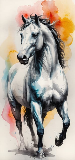 Abstract painting,watercolor paint stains and splashes on white paper, forming the perfect shape and silhouette of a roaring Horse, melting into a blur of color from the neck down. White background, paper texture, masterpiece, wonderful composition, fine art, intricate and detailed, by Art-Intelligent,watercolor,ink