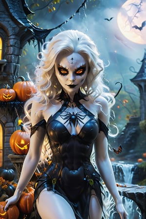 The monster is half human and half spider, but its body is white and even transparent. Its lower body is that of a spider, and its upper body is that of a voluptuous woman. It has a waterfall of hair. It exudes a charming and charming charm, and has a sense of blurred and beautiful dreams.,halloween