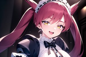 (masterpiece), latias, 1girl, solo, long hair, medium breasts, looking at viewer, smile, open mouth, inddor, dress, twintails, yellow eyes, short sleeves, red hair, puffy sleeves, apron, maid, maid headdress, squited eyes