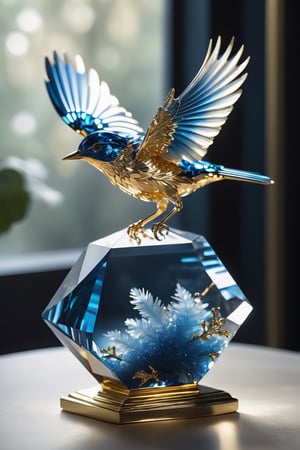 blurry, no humans,blue  bird, animal, flying, realistic, animal focus, gold tree Crystal sculpture in the shape of a bird 