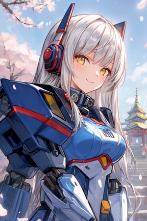masterpiece, best quality, 1girl, yellow eyes, Beautiful face, delicate eyes, smile, long hair, white hair, tree, stairs, standing, sky, cherry blossoms, temple, looking at viewer, upper body, from below, looking back, ((Mecha)), young girl, Cyberpunk, CyberMechaGirl,1 girl