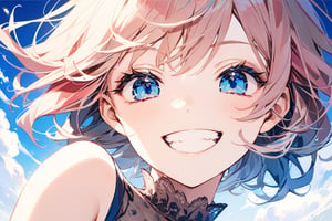 Blue Clear Eyes,blue eyes,blue,red tone,grin,masterpiece, best quality