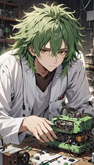 Man, wearing lab clothes, messy hair, green hair, brown eyes, making a robot. 