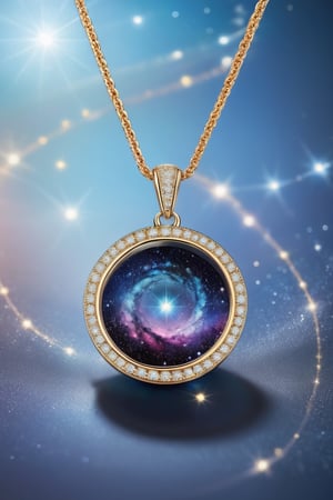 The diamond necklace is in the shape of a circle with a galaxy in it 