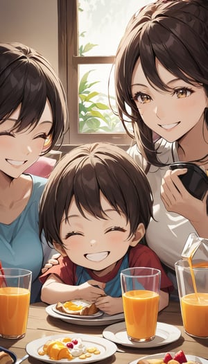 family eat breakfast together ,smile ,mother hold juice 