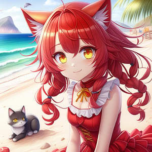 Beautiful anime neko girl with beautiful  yellow eyes,red twintale hair, beautiful beach,wear red dress ,cute