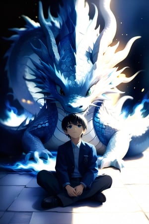 boy sit on floor close his eyes and ,white dragon with blue eyes He breathes blue fire ,dragon,Movie Poster,DonM3l3m3nt4lXL,echmrdrgn