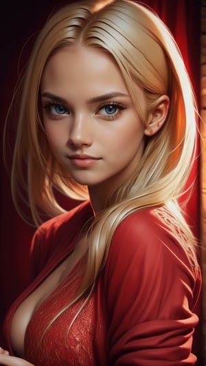 RAW photo,  portrait of a beautiful blonde woman wearing a red shirt (high detailed skin:1.2),  8k uhd,  dslr,  soft lighting,  high quality,  film grain,  Fujifilm XT3,  ((((hands))), 
,seek,dragon,portrait