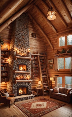 The interior of a cozy log cabin, with a fireplace, bookshelves, bed, wall lamps, carpets, windows, high-definition rendering, real photography style