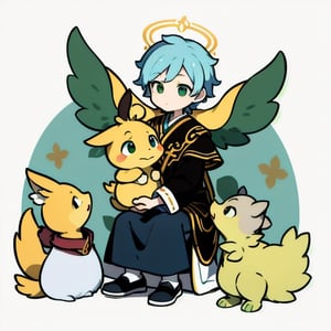 A big yellow chicken with big eyes, A priest's attire in green with a cross symbol, Its gaze is directed towards the sky. Above its head, a golden halo, radiating with a gentle celestial light. masterpiece, best quality, studio lighting. The focus is sharp, highlighting, white background.,isabelle \(animal crossing\),furry,ankha,nazuna_hiwatashi,小奇uwu style, disney cartoon