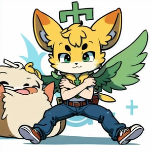 1solo big yellow chicken with big eyes, looking directly at the viewer, using a priest's attire in green with a cross symbol, chicken wings arms. Above its head, a golden halo, radiating with a gentle celestial light. masterpiece, best quality, studio lighting, highlighting, white background.,isabelle \(animal crossing\),furry,ankha,小奇uwu style, disney cartoon