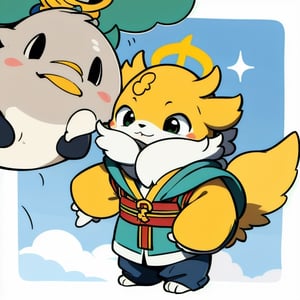 1big yellow chicken with big eyes, A priest's attire in green with a cross symbol, chicken wings arms, Its gaze is directed towards the sky. Above its head, a golden halo, radiating with a gentle celestial light. masterpiece, best quality, studio lighting. The focus is sharp, highlighting, white background.,isabelle \(animal crossing\),furry,ankha,nazuna_hiwatashi,小奇uwu style, disney cartoon