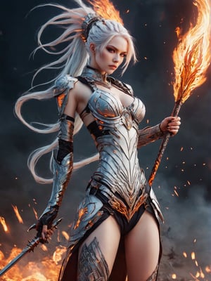 Beautiful cyber queen with futuristic tribal tattoos etched onto her pale white skin. Fiery braided white hair whips around her as she raises a plasma staff in defiance. The embers of a nearby explosion illuminate her cyber armor, highlighting the fallen enemies scattered around her, testaments to her strength