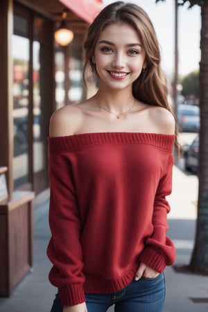 girl age 16, waiting for her boyfriend outside a coffee shop in California, red off shoulder sweater .smiling at herself, small mouth, hair tied up , innocent eyes