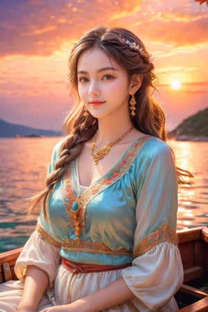 masterpiece, high quality realistic, realistic aesthetic photo ,(HDR:1.2), pore and detailed, intricate detailed, graceful and beautiful textures, RAW photo, 16K, sharp forcus, vibrant colors, sitting in a small boat in the sea, sunset, mysterious, (head to waist portrait), young-girl age 18 (wide shot), detailed beautiful face, ((smile sweetly)), medium hair, short braid, silky skin, necklace, white dress