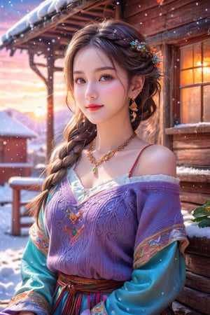 masterpiece, high quality realistic, realistic aesthetic photo ,(HDR:1.2), pore and detailed, intricate detailed, graceful and beautiful textures, RAW photo, 16K, sharp forcus, vibrant colors, sitting in front of a small hut, snowing ,  sunset, city street view, mysterious, (head to waist portrait), young-girl age 18 (wide shot), detailed beautiful face, ((smile sweetly)), medium hair, short braid, silky skin, necklace, off_shoulders sweater, 