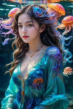 masterpiece, high quality realistic, realistic aesthetic photo ,(HDR:1.2), pore and detailed, intricate detailed, graceful and beautiful textures, RAW photo, 16K, sharp forcus, vibrant colors, swimming in the sea, jelly fish behind, mysterious, (head to waist portrait), young-girl age 18 (wide shot), detailed beautiful face, light-smile, ((closed mouth)), medium hair, silky skin, necklace, colorful