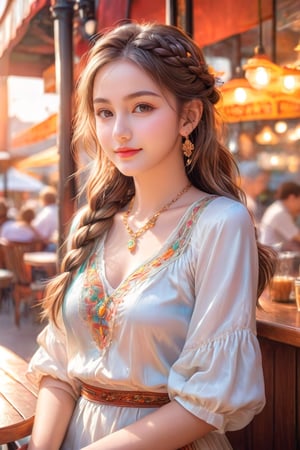 masterpiece, high quality realistic, realistic aesthetic photo ,(HDR:1.2), pore and detailed, intricate detailed, graceful and beautiful textures, RAW photo, 16K, sharp forcus, vibrant colors, sitting in a cafe, sunset, city street view, mysterious, (head to waist portrait), young-girl age 18 (wide shot), detailed beautiful face, ((smile sweetly)), medium hair, short braid, silky skin, necklace, white dress