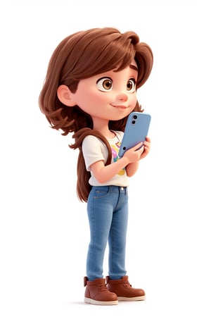 young cute hip brown hair girl looking at phone, facing forward, full size, alone, white background, Disney Pixar style, isolated on white background