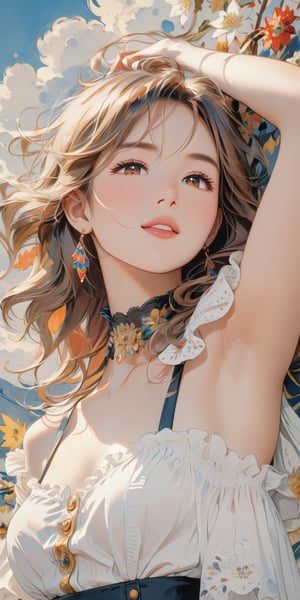 armpit,
//Style, Great artist style, Auguste Renoir, Alphonse Mucha, Gustav Klimt, 
//Quality, Masterpiece, Top Quality, Official Art, Aesthetic and Beautiful, 16K, highest definition, high resolution 
//Character, (1girl), white beautiful skin, waist up portrait, The girl with blue sky and white clouds background, shyly face, sexy outfit, front view, extreme color, Bokeh, (Sharp Focus), Wide Angle, High Color Contrast, 