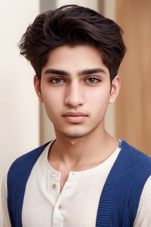  photorealistic portrait of a 18-year-old male from Pakistan captures his vibrant personality with sparkling blue eyes, styled hair, contemporary outfit, close-up shot, 4k resolution, intricate features, excellent quality, he should have a joyful and vibrant expression, and be bathed in soft, ambient indoor lighting, engaging in a creative activity.
