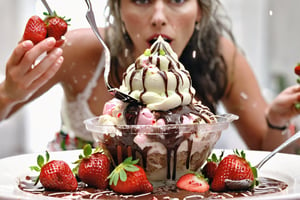 Huge ice cream sundae, strawberry, cream, chocolate sprinkles, a leaf of mint, fresh cut strawberries, chocolate sauce overflowing onto the table, spoon in the center towards the camera with ice cream on it which is melting and dripping, background white table think with lace, Young woman in the background pushes the spoon into her mouth with relish macro photography, deep blur lora:detail_slider,booth,sweetscape