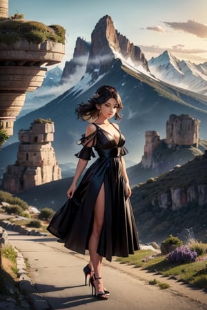 In the Future, 8K, Panoramic photograph of a wild landscape, city and mountains. In the foreground That woman, seen from a distance of 10 meters, with a youthful and gentle appearance in a glamour dress and high heels, 12mm WIDE ANGLE LENS, ALL ELEMENTS IN SHARP FOCUS, SMALL APERTURE, INFINITE FOCUS DISTANCE.