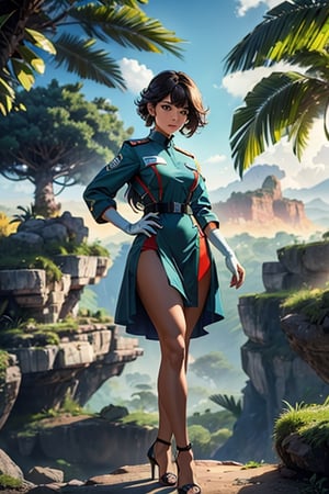 In the Future, 8K, Panoramic photograph of a wild landscape, jungle and mountains. In the foreground That woman (she wearing a tech uniform), seen from a distance of 10 meters, with a youthful and gentle appearance in a glamour dress and high heels, 12mm WIDE ANGLE LENS, ALL ELEMENTS IN SHARP FOCUS, SMALL APERTURE, INFINITE FOCUS DISTANCE.