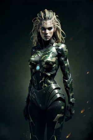 In the Future, 8K, a girl (Blonde hair woman) she wearing a Black military Uniform ((tech  camouflage)), (year 2097) she has run in the Open field, Masterpiece, Best quality, HD, Extremely detailet, realism, photorealism, high contrast, digital art trending on Artstation ultra high definition detailed realistic, detailed, skin texture, hyper detailed, realistic skin texture, facial features, best quality, ultra high res, high resolution, detailed, raw photo, sharp, lens rich colors hyper realistic lifelike texture dramatic lighting unrealengine trending, ultra sharp, perfectly symmetrical body, ,shodanSS_soul3142