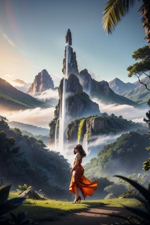 In the Future, 8K, Panoramic photograph of a wild landscape, jungle, and mountains. In the foreground That woman, seen from a distance of 10 meters, with a youthful and gentle appearance in a glamour dress and high heels, 12mm WIDE ANGLE LENS, ALL ELEMENTS IN SHARP FOCUS, SMALL APERTURE, INFINITE FOCUS DISTANCE.