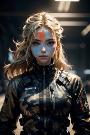 In the Future, 8K, a girl (Blonde hair woman) she wearing a Black military Uniform ((tech  camouflage)), (year 2097) she has run in the Open field, Masterpiece, Best quality, HD, Extremely detailet, realism, photorealism, high contrast, digital art trending on Artstation ultra high definition detailed realistic, detailed, skin texture, hyper detailed, realistic skin texture, facial features, best quality, ultra high res, high resolution, detailed, raw photo, sharp, lens rich colors hyper realistic lifelike texture dramatic lighting unrealengine trending, ultra sharp, perfectly symmetrical body, ,shodanSS_soul3142,leonardo