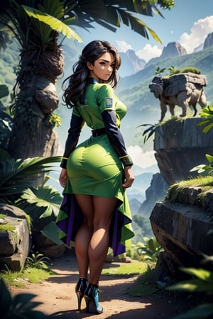 In the Future, 8K, Panoramic photograph of a wild landscape, jungle and mountains. In the foreground That woman (she wearing a tech uniform), seen (looking back) from a distance of 10 meters, with a youthful and gentle appearance in a glamour dress and high heels, 12mm WIDE ANGLE LENS, ALL ELEMENTS IN SHARP FOCUS, SMALL APERTURE, INFINITE FOCUS DISTANCE.