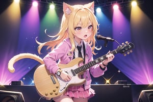 solo,closeup face,cat girl,cat tail,colorful aura,golden hair,long hair,colorful tie,pink jacket,colorful short skirt,colorful shirt,colorful sneakers,wearing a colorful watch,singing in front of microphone,play electric guitar,animals background,fireflies,shining point,concert,colorful stage lighting,no people