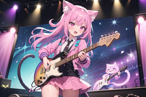 solo,closeup face,cat girl,cat tail,colorful aura,pink hair,long hair,double hair  tail,colorful tie,pink jacket,colorful short skirt,colorful shirt,colorful sneakers,wearing a colorful watch,singing in front of microphone,play electric guitar,animals background,fireflies,shining point,concert,colorful stage lighting,no people