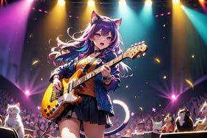 solo,closeup face,cat girl,cat tail,colorful aura,colorful purple hair,long hair,animal head,red tie,blue jacket,colorful short skirt,orange shirt,colorful sneakers,wearing a colorful  watch,singing in front of microphone,play electric guitar,animals background,fireflies,shining point,concert,colorful stage lighting,no people