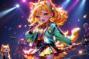 solo,closeup face,cat girl,colorful aura,golden colorful hair,animal head,red tie,colorful  jacket,colorful short skirt,orange shirt,colorful sneakers,wearing a colorful  watch,singing in front of microphone,play electric guitar,animals background,fireflies,shining point,concert,colorful stage lighting,no people